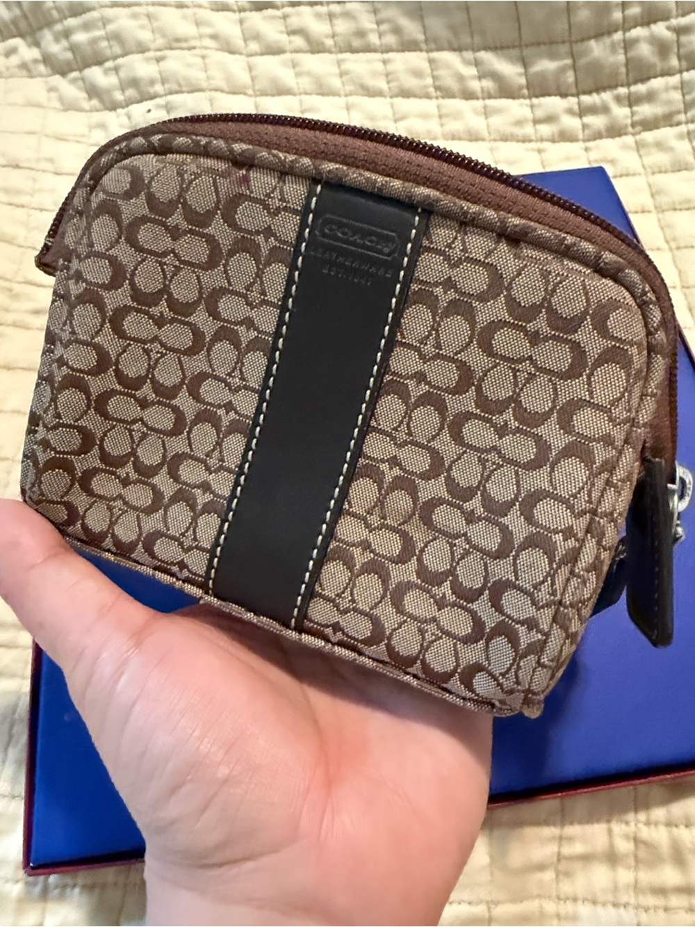 Coach Brown Signature Canvas Coin Pouch with Black Leather Stripe